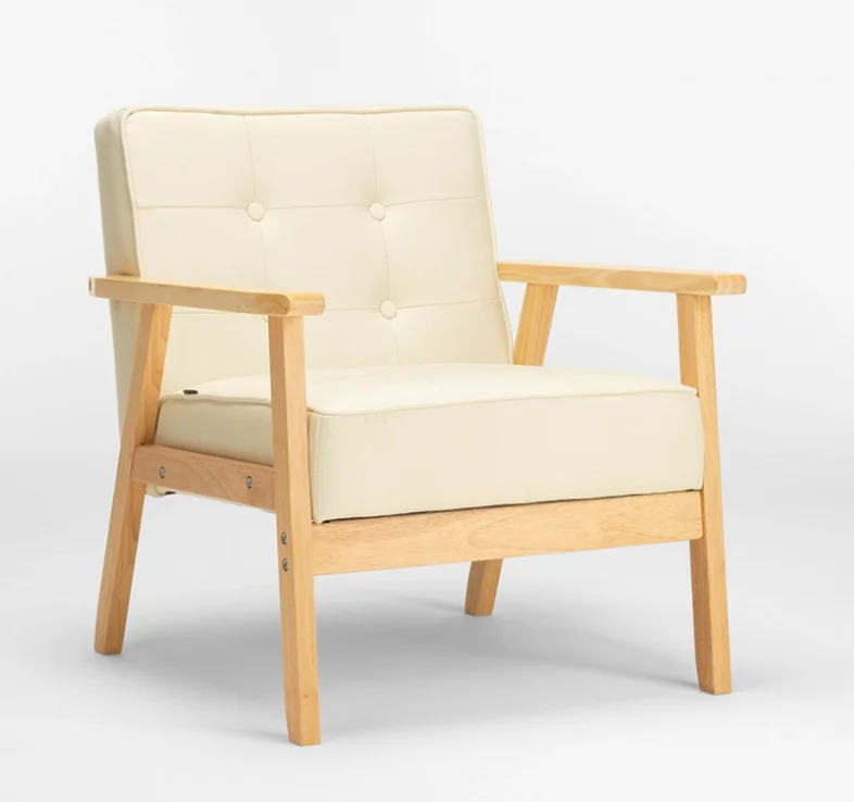 Nordic Style Single Seat Sofa Solid Wood Armrest PU Fabric for Home Outdoor Coffee Shop Apartment
