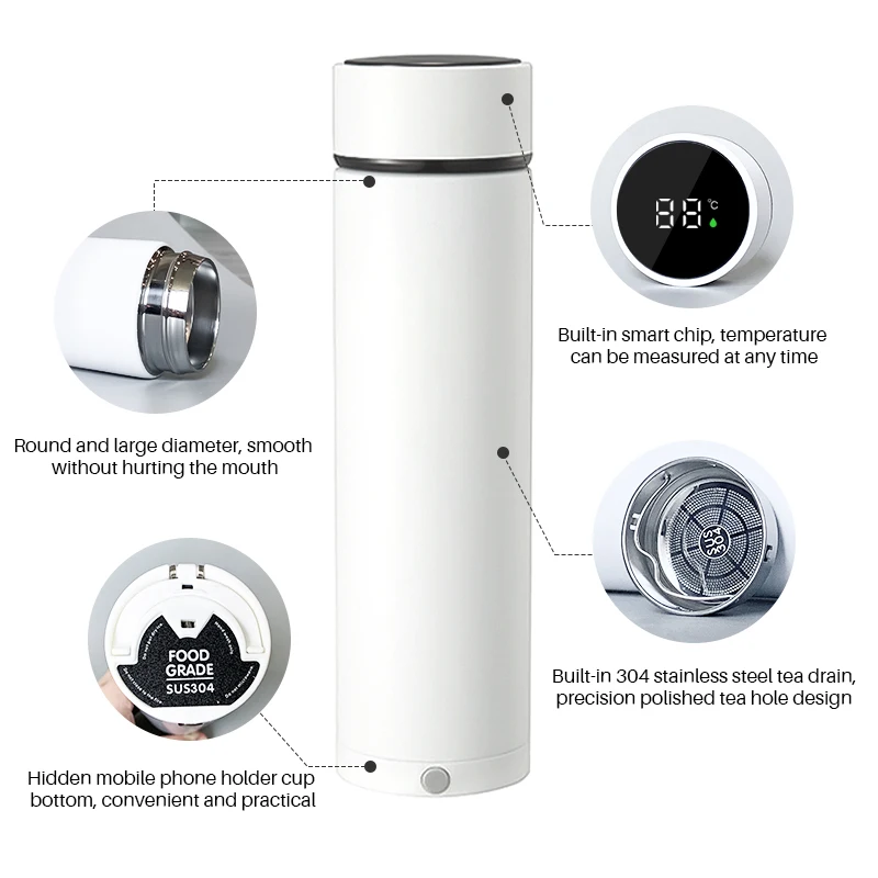Wholesale Portable Thermal Mugs Double Wall Stainless Steel Mugs  With Phone Holder And Temperature Display Smart Bottles