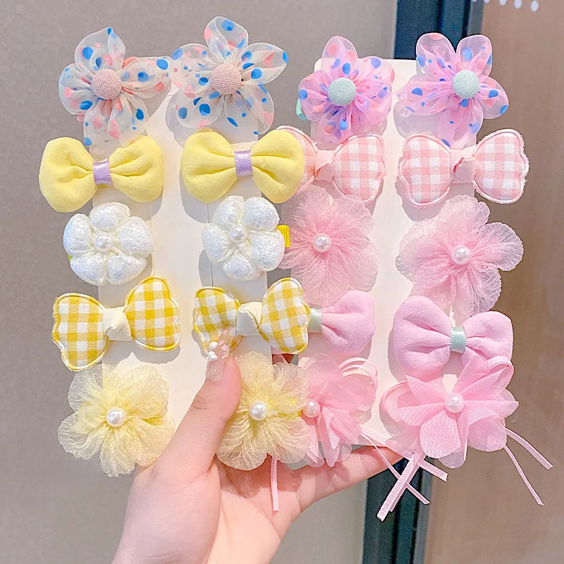Sweet Lace Flowers Hair Pin Candy Color One Word Clip Kids Princess Girls Flower Pearl Double Bow Hair Pin Set