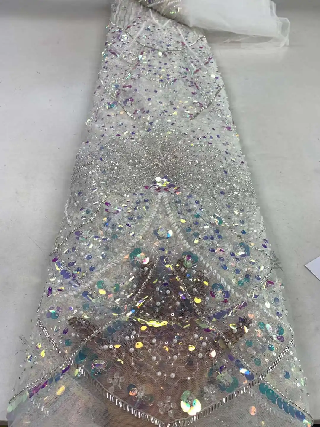 High quality sequin lace fabric with beads and pearl