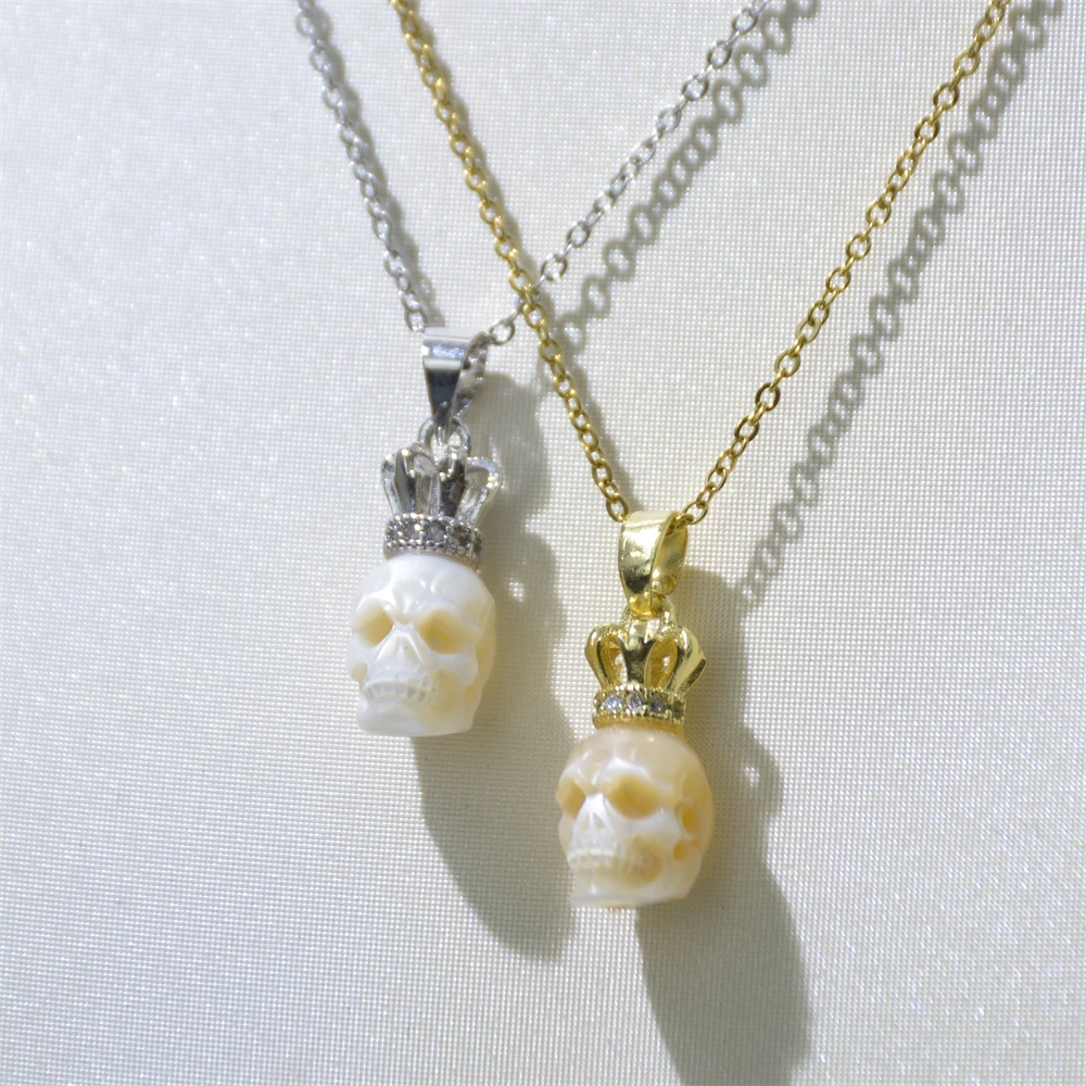 Carved Real Natural Fresh Water Pearl Necklace Silver Gold Plated CZ Crown Pendant Skull Head Pearl Necklace for Christmas Gifts