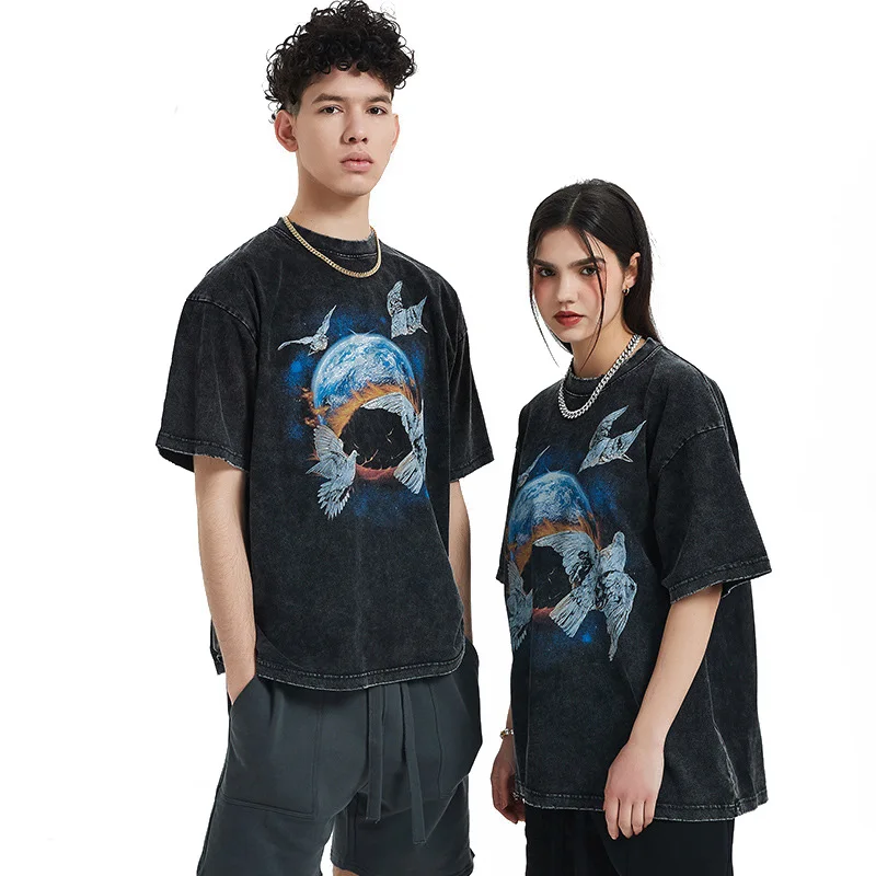 250gsm Casual Vintage Style Blank  Batik Solid Color Loose Short Sleeves Tshirt 100% Cotton Vintage Unisex Graphic T Shirt Man