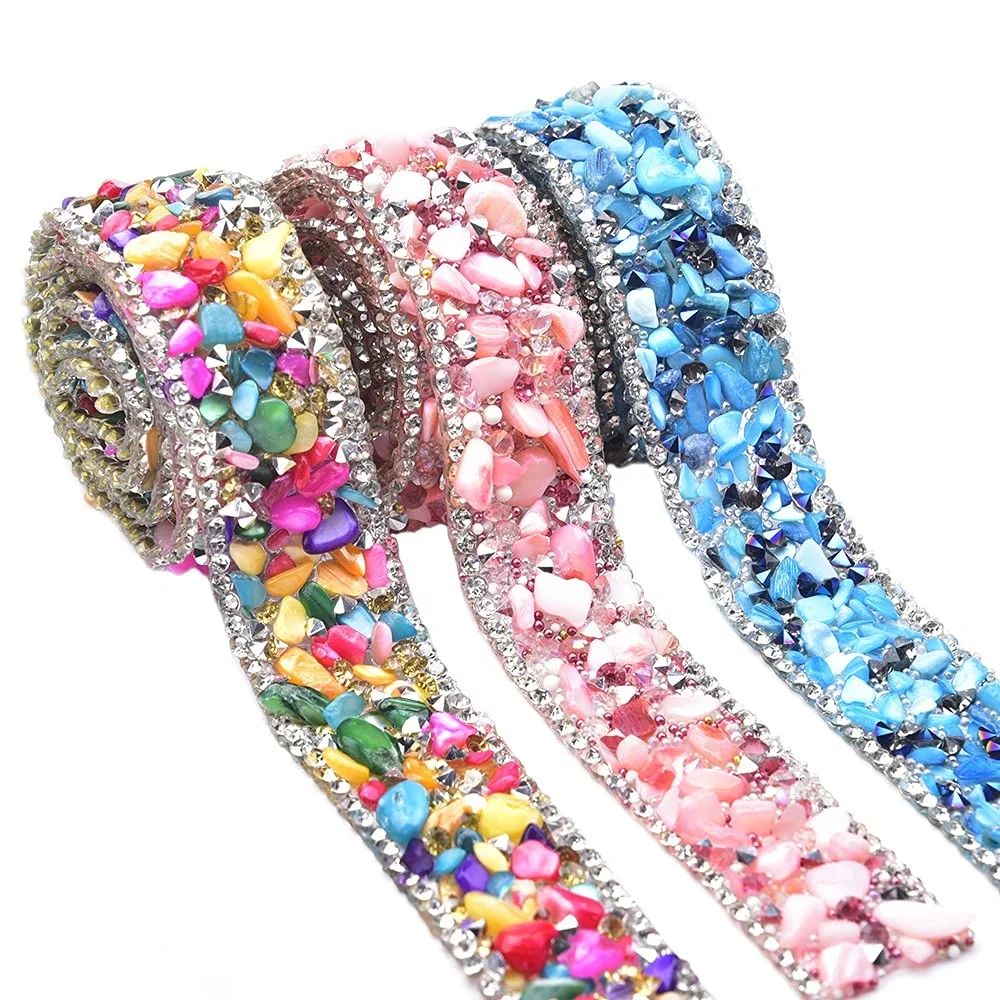 2Cm Wide Crystal Rhinestone Trim Hotfix Ribbon Color Artificial Gemstone Gravel Iron On Applique Banding Diy Wedding Dress Shoes