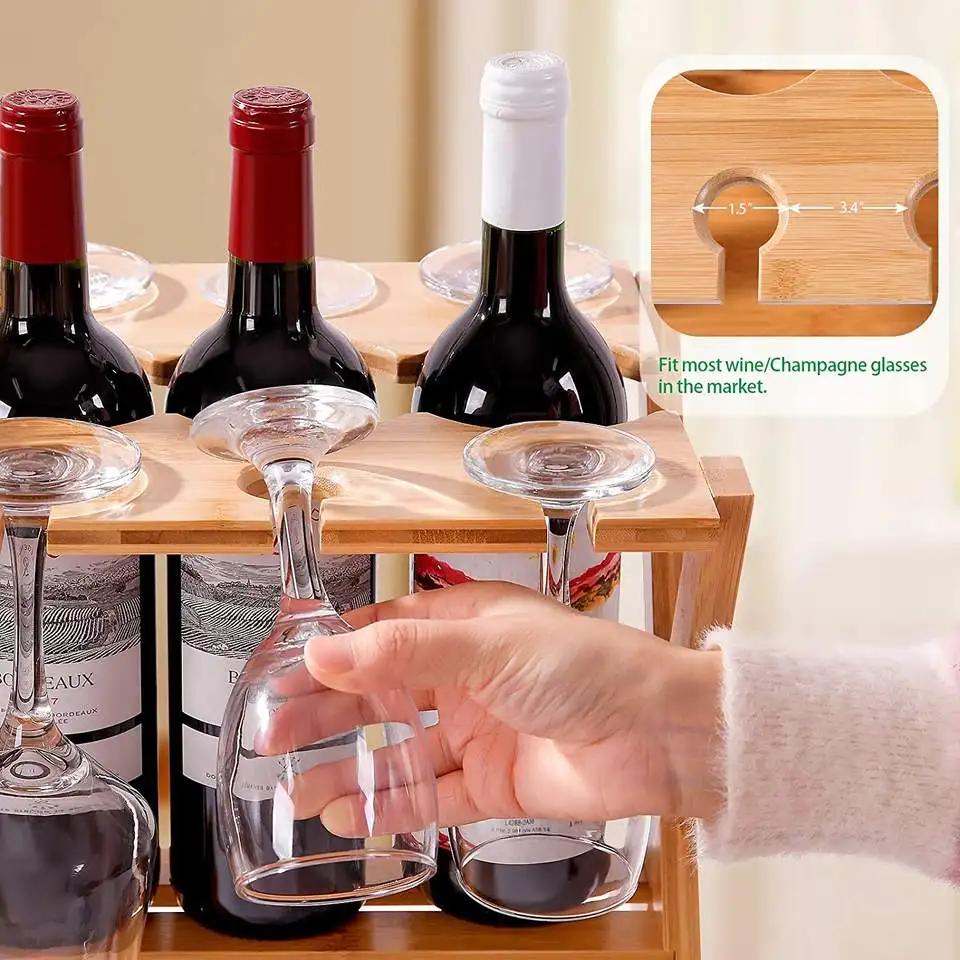 Wood Countertop Wine Racks Hold 5 Wine Bottles 10 Glasses Sturdy Bamboo Wine Bottle Glass Holder for Kitchen Bar
