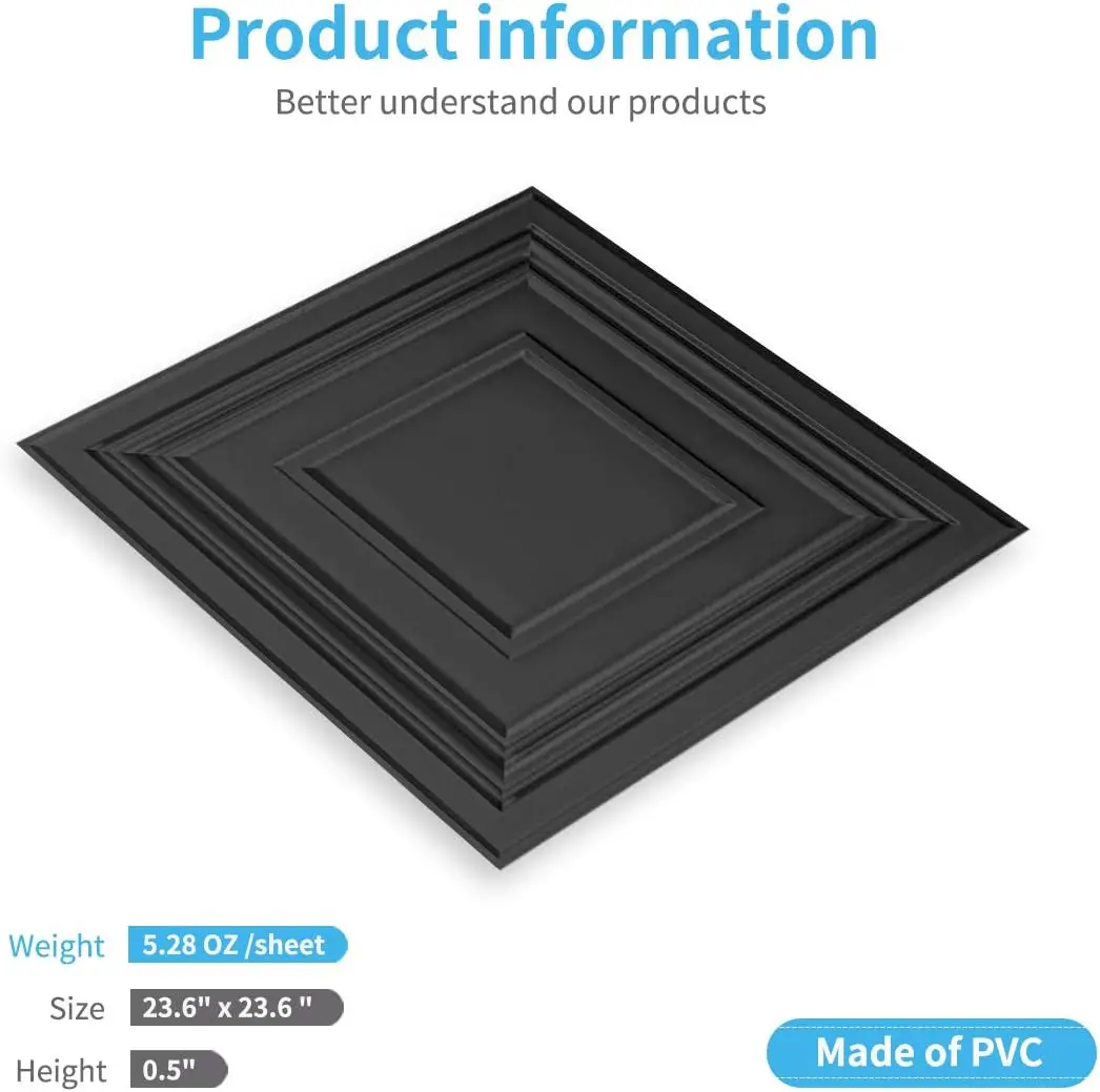 3D PVC Wall Panels Decorative Drop Ceiling Tile Glue up Ceiling Panel Square-Black
