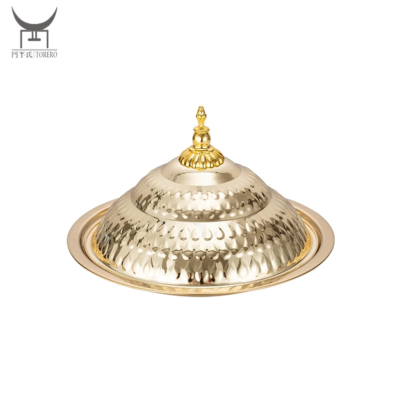 Gold Dinner Plate Hotel Buffet Plate Restaurant Tableware Banquet Food Plate Dish Stainless Steel Round Serving Tray With Lid