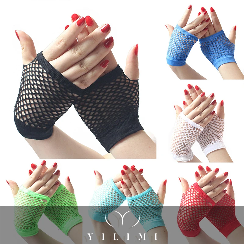 Оптовая продажа, высококачественные Неоновые Короткие ажурные перчатки, черные ажурные сетчатые короткие перчатки для вечеринки, танца, клуба