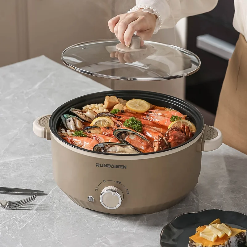 AU Outdoor Multi Cooker Non-stick Inner Electric Hot Pots Multi-functional Frying Pan Plastic Tempered Glass Brown Round English