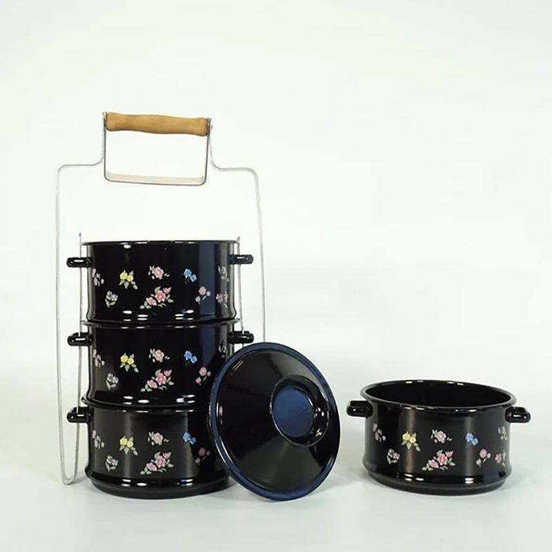 CHL 14cm 16cm 18cm 20cm 2layer 3layer 4layer Custom enameled pumpkin tiffin food carrier lunch box with stainless steel rim