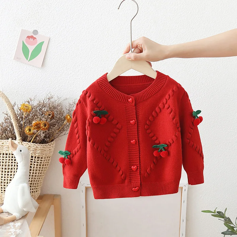 Autumn New Baby Wool Jacket Cute Pullover with Cherry Pattern Outfit Knitted Warm Top Cardigan For Girls With Heart Button