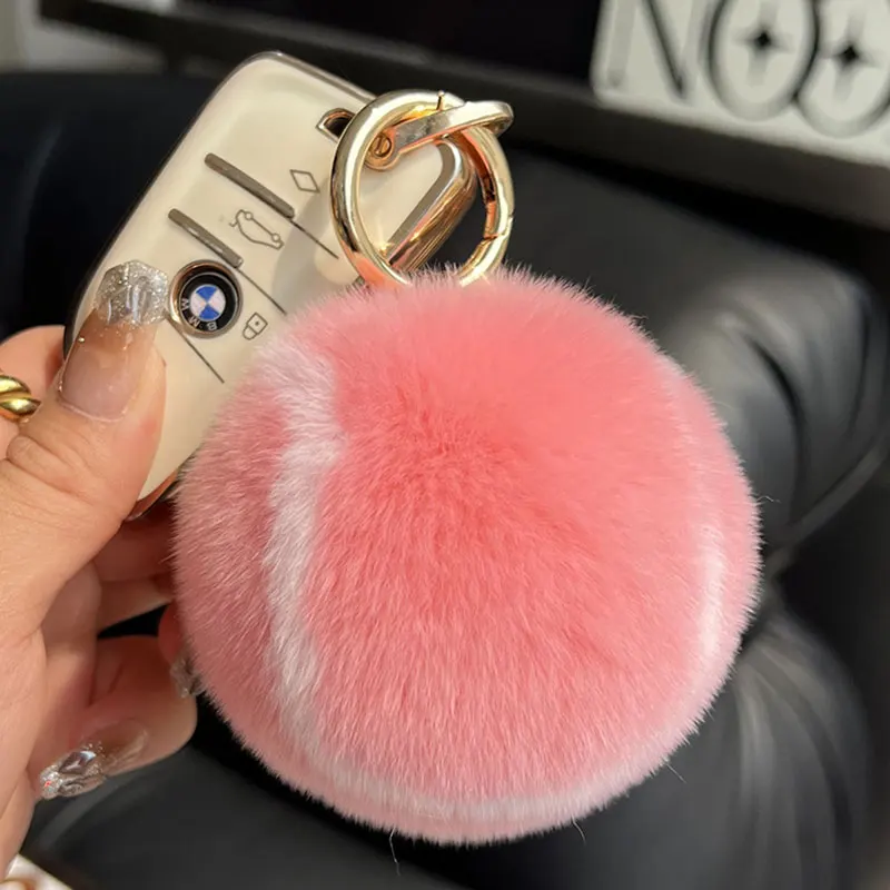 Genuine Rex Rabbit Fur Tennis Ball Car Keychain Pendant Ins Plush Ball School Bag Pendant