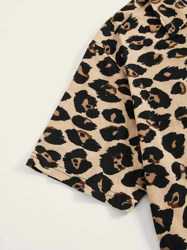 MGOO Custom Leopard Print Shirt and Slant Pocket Shorts Men Pajama Set