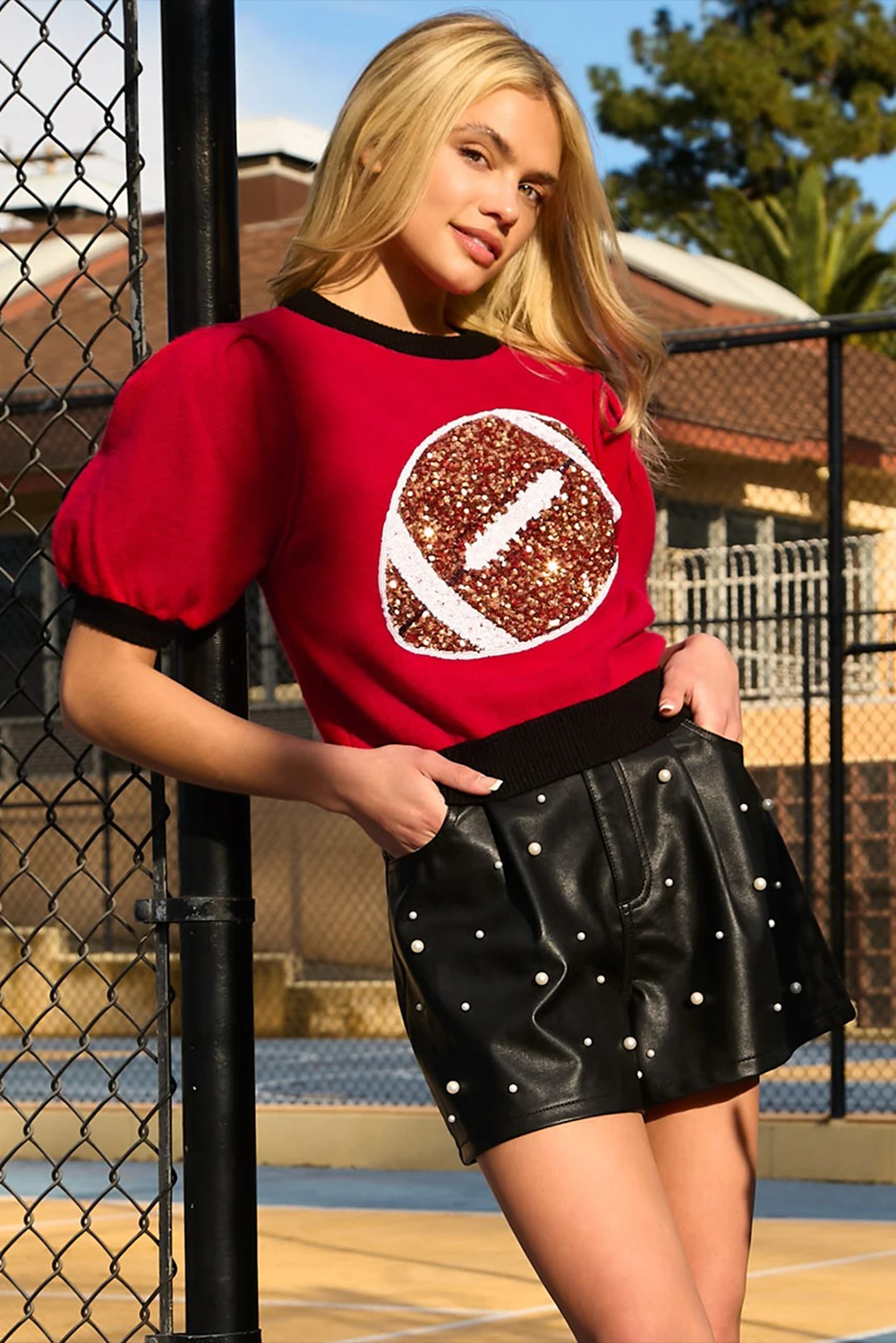 Dear-Lover Winter Woman Red Sequin Rugby Color Block Puff Short Sleeve Sweater