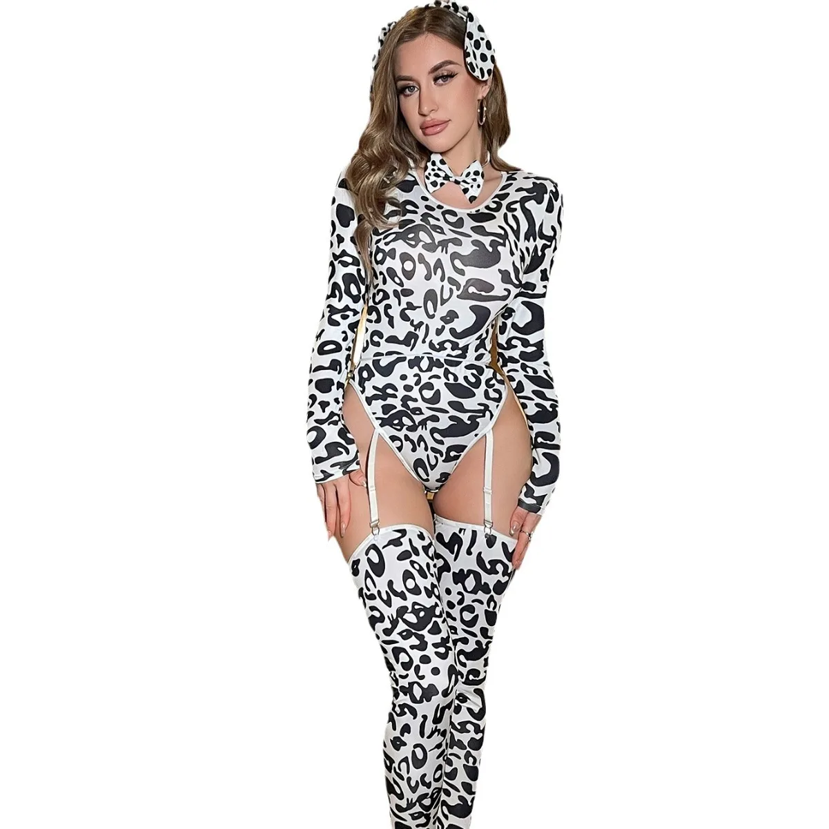 Sexy mesh Animal print role-playing lingerie set club party Spice Girls performances with hairband and tail