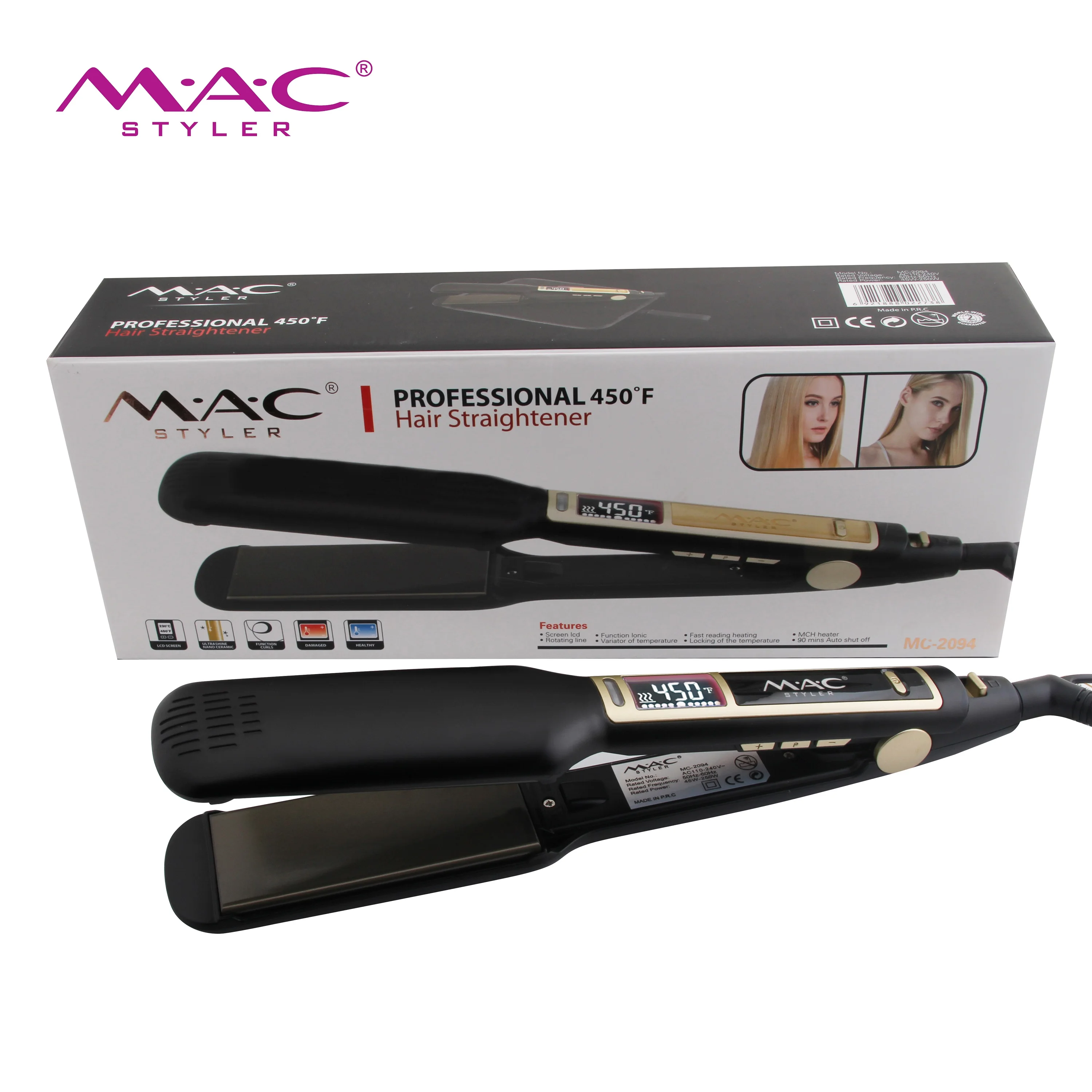 MAC best quality  450F flat iron LCD display wide plate hair straightener Professional hair iron  hair straightener