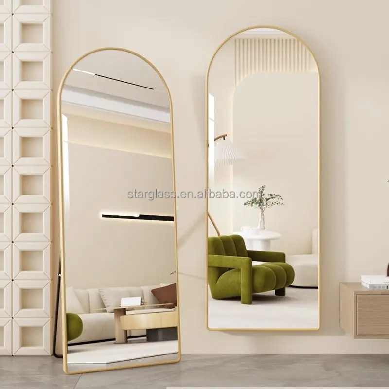Arched Full Body Mirror Standing Gold Aluminum Alloy Frame Full Body Mirror with Stand Wall-Mounted for Bedroom & Living Room