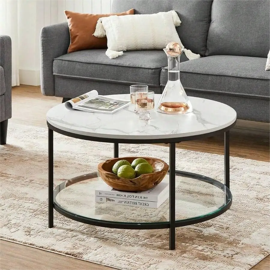 Минималистская современная мебель для дома 2-ярусная круглая стеклянная мраморная столешница кофейный чайный столик для гостиной