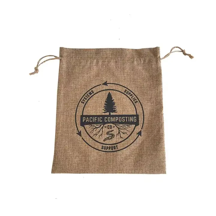 Custom Logo Printed Christmas Gift Drawstring Jute Gunny Pouch 100% Natural Burlap Jute Shopping Bags Brown Coffee Jute Bags