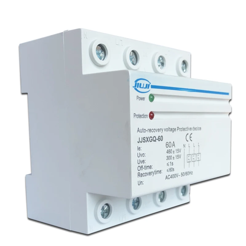 60A 63A 380V Three Phase Din rail automatic recovery reconnect over voltage under voltage Three Phase voltage protector