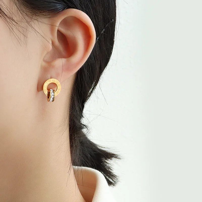 Stainless Steel 18K Gold Double Ring Roman Number Necklace Sticky Diamond Double Ring Stud Earrings Set