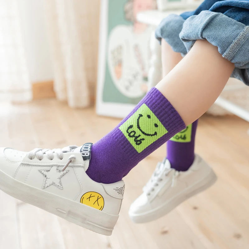 Kids Cartoon Socks smiley  Design Children Cute Kids 100% Cotton White Girl School  Socks    for kids  0-12 Years Old