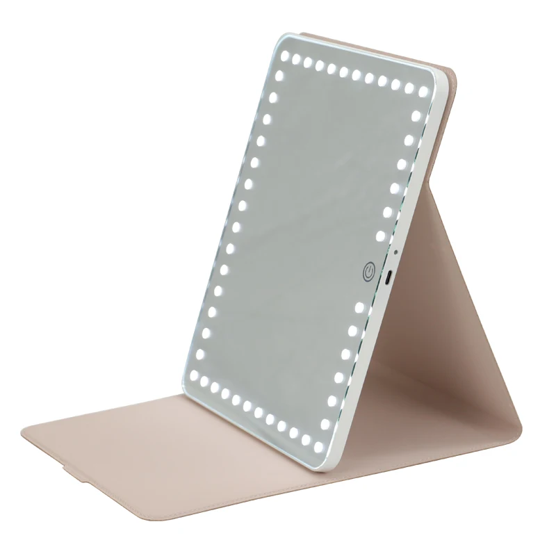 Rechargeable Folding touch sensor PU leader lighted Travel Vanity Mirror 3 Colors Light Portable Makeup Mirror for cosmetic
