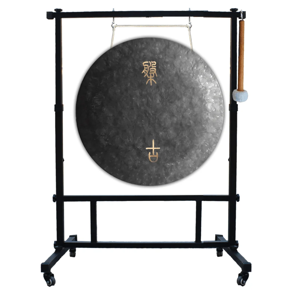 36 Inch Earth Tone Gong & Square Stand with Wheels 90 cm Handmade Black Chau for Musical Performance and Healing