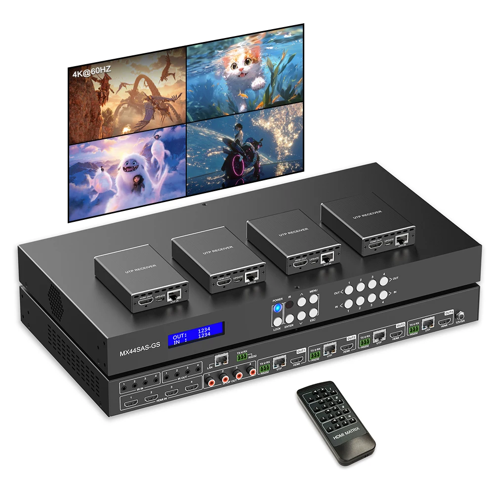 4K Seamless 4x4 HDMI Matrix Switcher 2x2 Video Wall Controller 4x1 Multiviewer EDID 4K@60Hz Mirror 4 in 4 out UHD Matrix