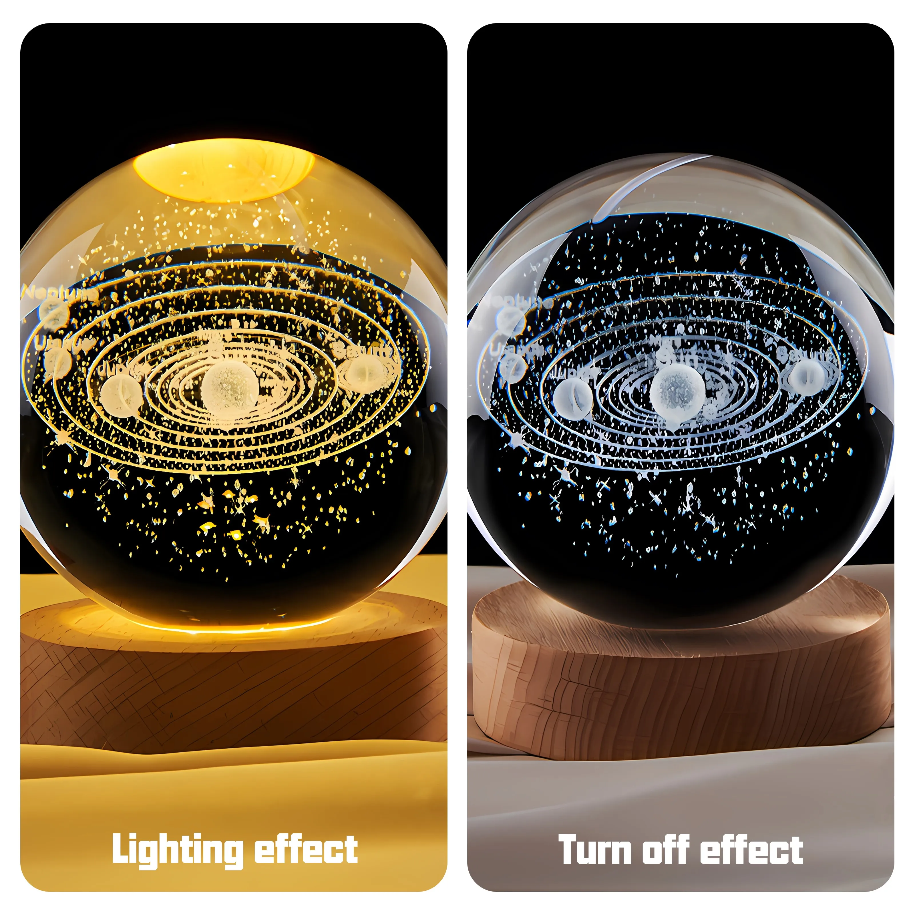 Crystal Solar System Moon Nebula Crystal Ball Luminous Crystal 3D Ball Night Lamp With Wooden Led Night Light Base