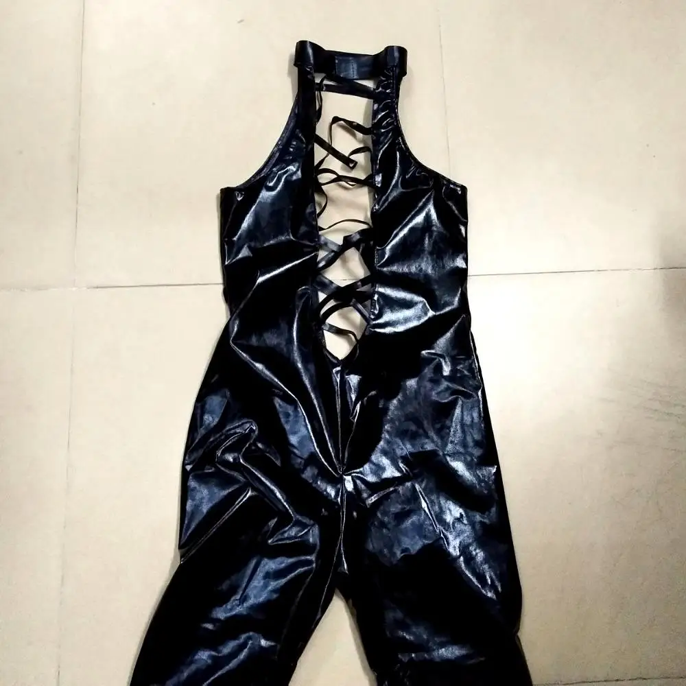 MOGlovers Women PVC Catsuit Black  Hollow out PU Leather Bodysuit Sexy Club Wear Hot Erotic Pole Dance Costumes