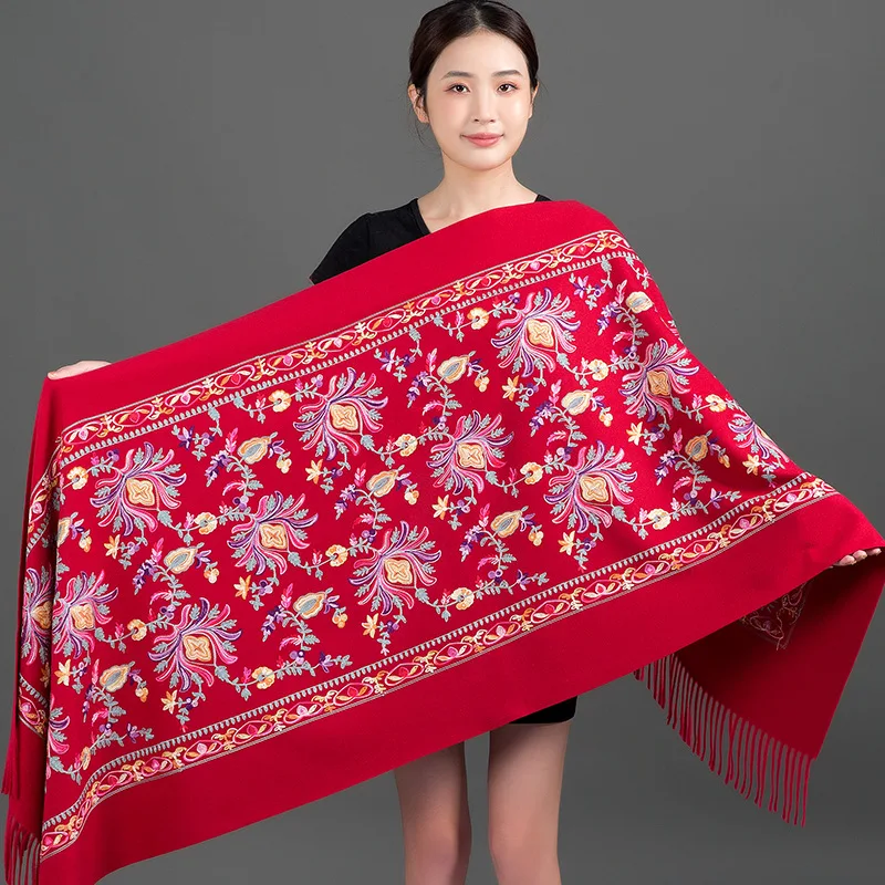Chinese Embroidery Embroidery Scarf Women Autumn Winter Ethnic Style Cashmere Fringe Embroidery Thick Warm Shawl