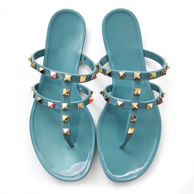 Luxury Ladies Rivet Two Belt Flat Flip Flop Sandal Hot Brand Name Outdoor Casual Jelly Shoes women Plastic Shoes Slipper