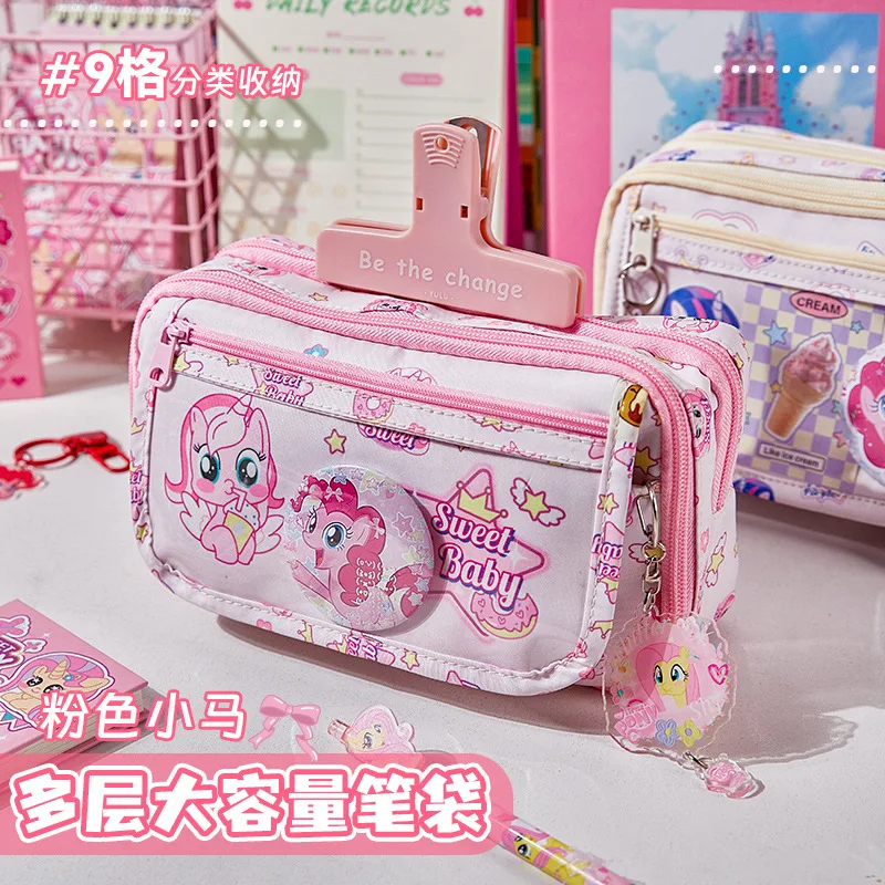Large capacity pencil case high value transparent interlayer, elementary school students pink cute stationery storage bag