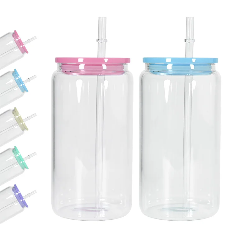 wholesale 16 oz Gradient color frosted sublimation sub pink water beer glass can shaped glass with new lids and straw