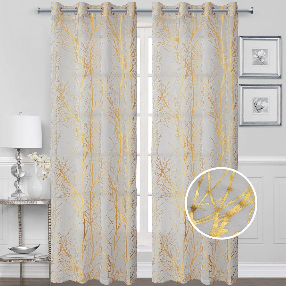 Window curtain manufacturer Metallic  Foil Tree Print sheer Curtains ring top for Living Room
