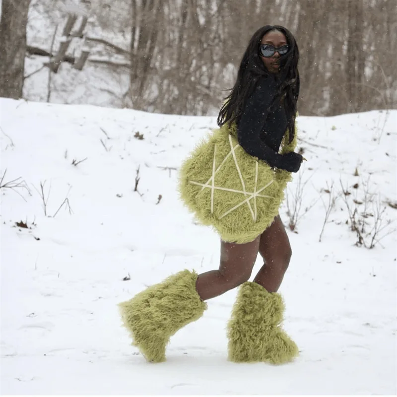 Hot Sales winter knee high boots and bags set fashion mongolian fur boots matching shoes and faux fur bags set for women