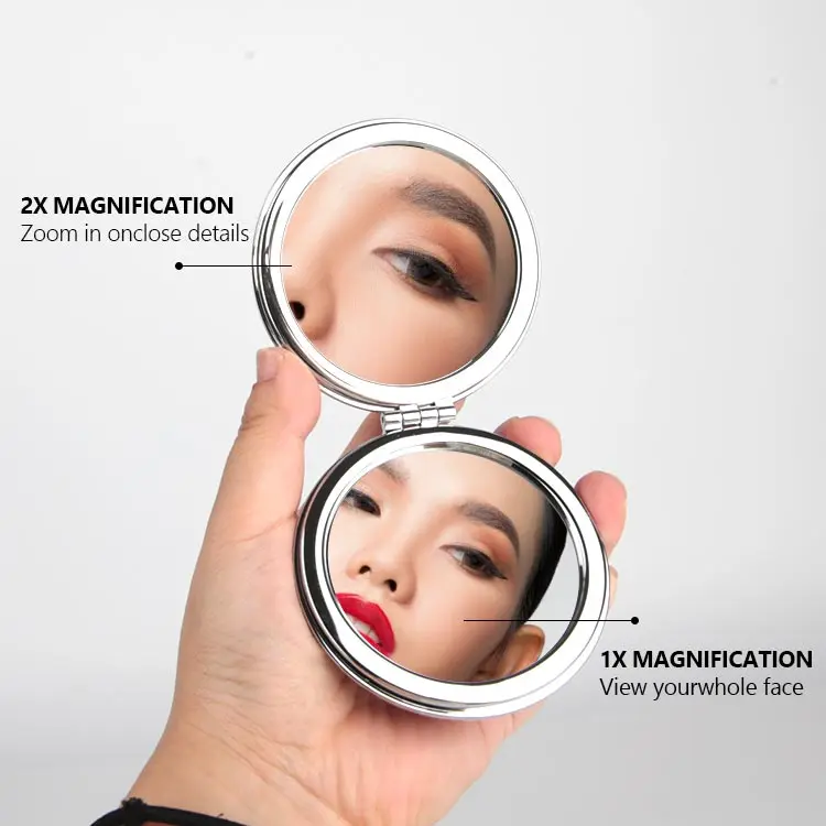2X/1X Magnifying Travel Makeup Silver Crystal Diamond Double-Sided Folding Vanity Cosmetic Mirror With Glitter