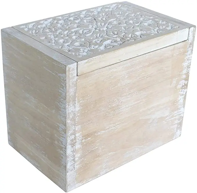 Rustic Carved Kitchen Wood Recipe Organization Box with Cards and Dividers 7.28 x 4.72 x 5.91 Inches