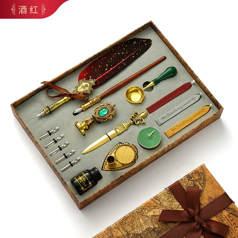 Handmade Vintage European feather dip pen set