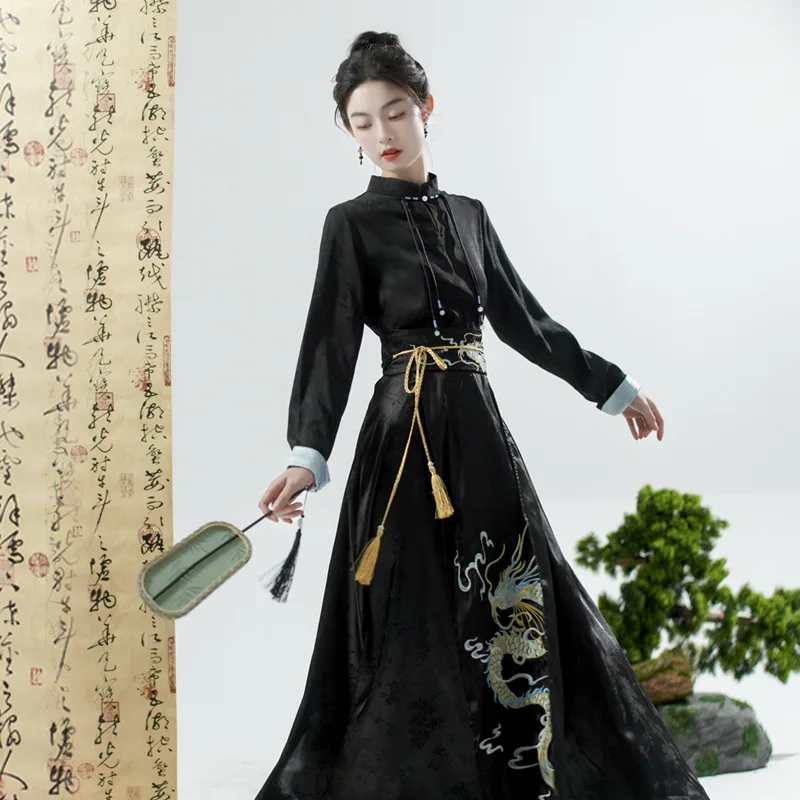 New Chinese style embroidered elastic waist lady horse face skirt with waistband trendy pleated long skirts for women
