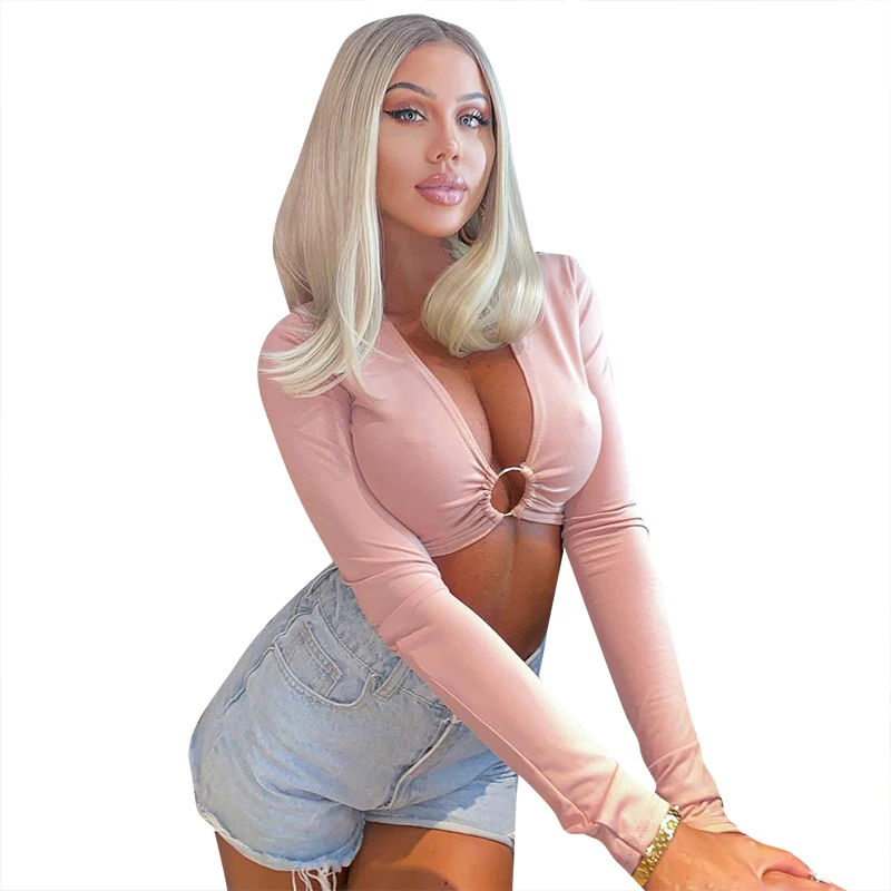 Женская одежда, модный однотонный короткий топ с длинным рукавом, ажурный сексуальный топ с отделкой кольцом.