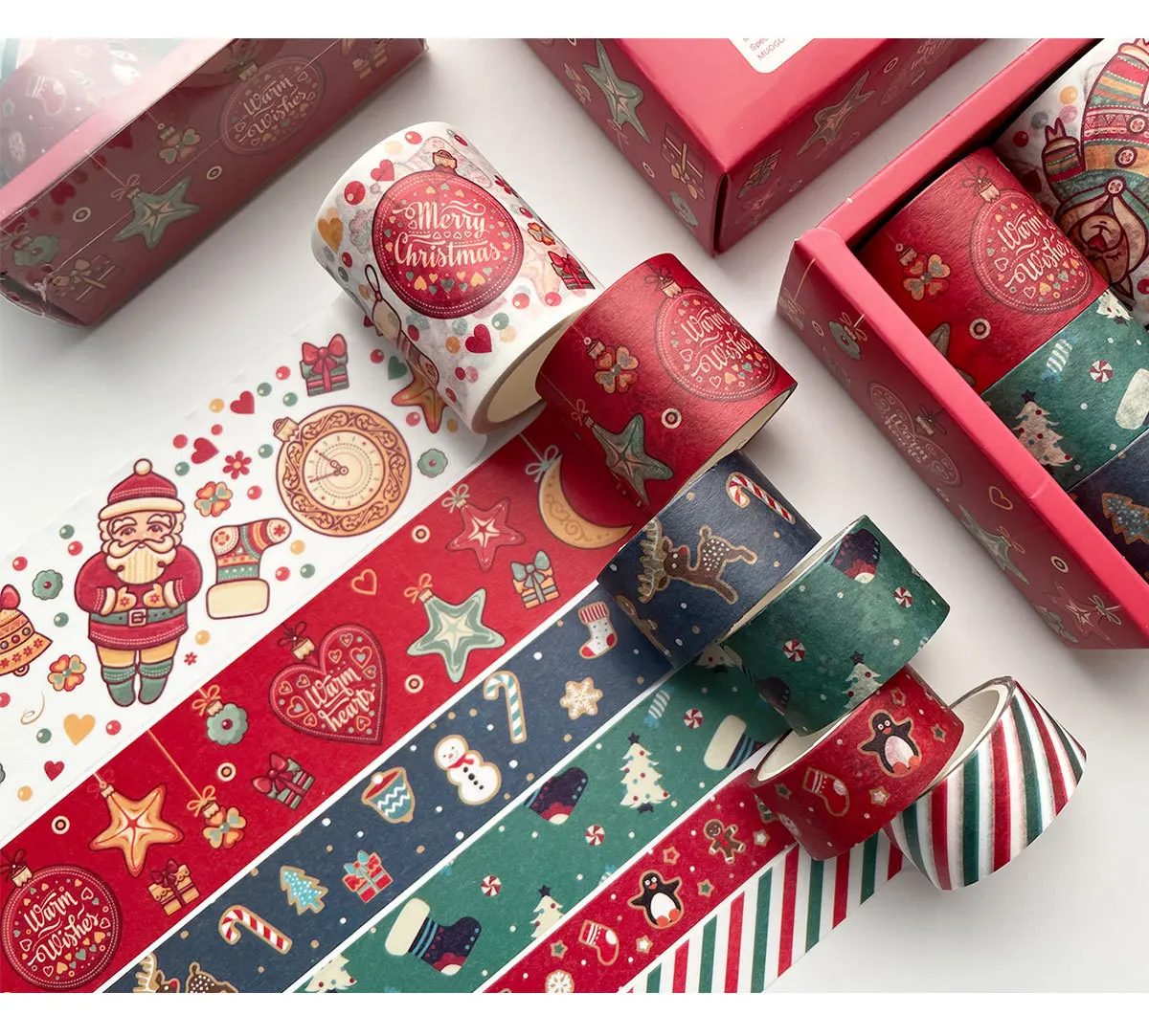 6 Rolls Holiday Washi Tapes 15mm Wide Christmas Masking Tape with 12Pcs Xmas Gift Stickers for Scrapbooking DIY Crafts
