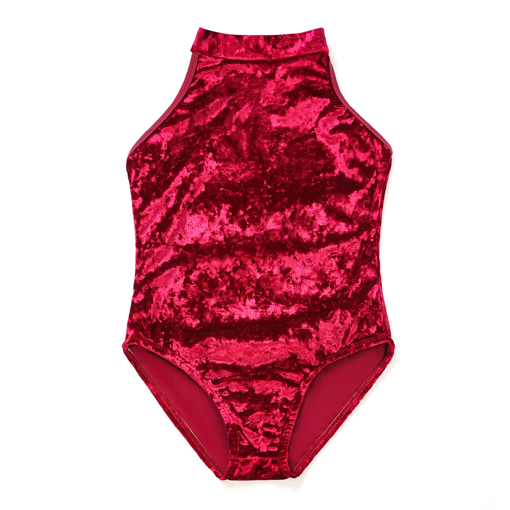 Custom colors logo good quality royal red blue high neck diamond velvet dance training wear ballet leotards for girls