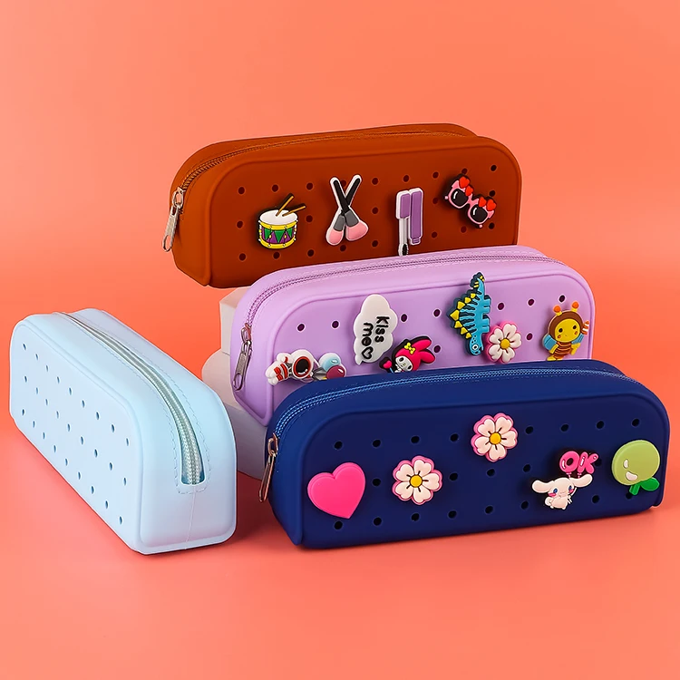 2024 Wholesale Novelty Silicone DIY Hole Penceil Box Children Candy Color Pencil Case