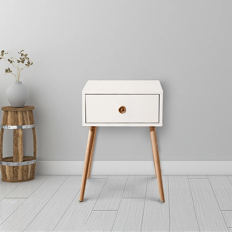 
White Storage Drawer Solid Wood Legs Bedside Table Home Furniture Nightstand Sidetable Bedroom Bedside Table 