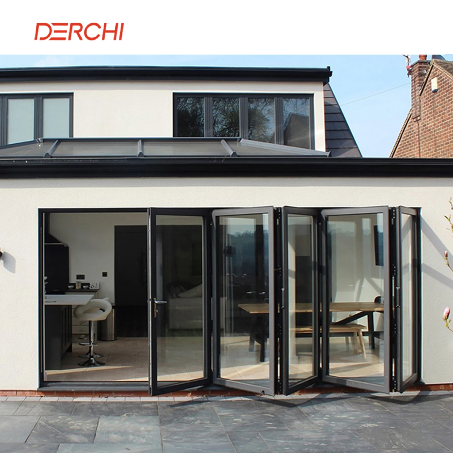 DERCHI NFRC AS2047 wholesale morden aluminum bi-fold doors custom balcony patio double glass exterior partition folding door