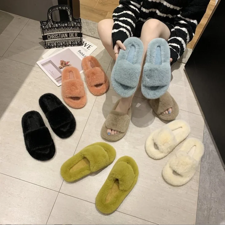 2024 Autumn Winter New Fashion Plus Size 42 Platform Home Fur Slippers To Keep Warm And Wear Plush Cotton Slippers