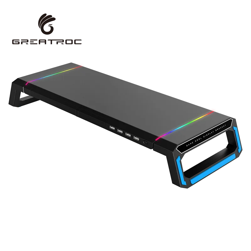 
Great Roc foldable RGB light gaming laptop stand adjustable modern computer desk monitor stand riser with 4 USB hubs 