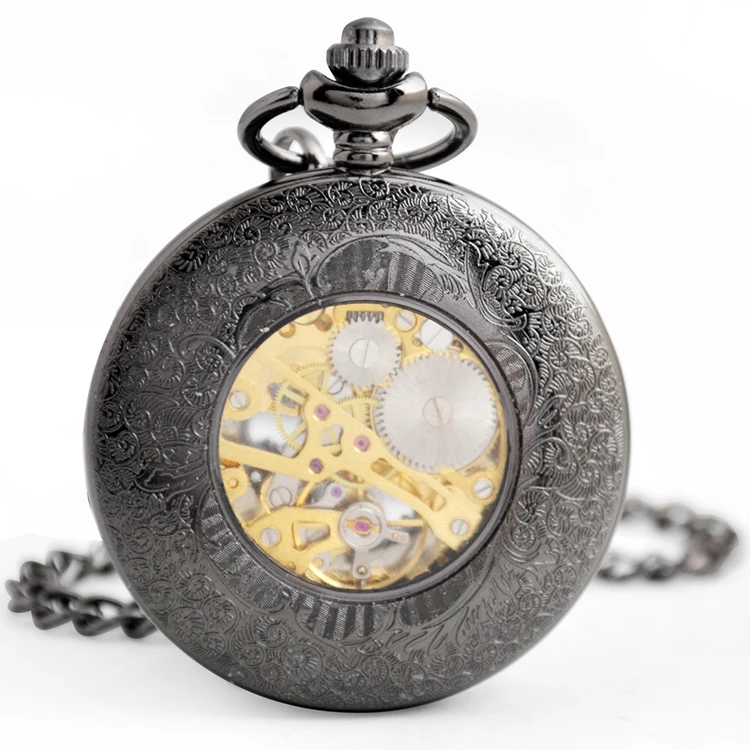 BOSHIYA Brass Hollow Six Leaves Half Hunter Mechanical Pocket Watch with Skeletal Display Roman Numeral Dial
