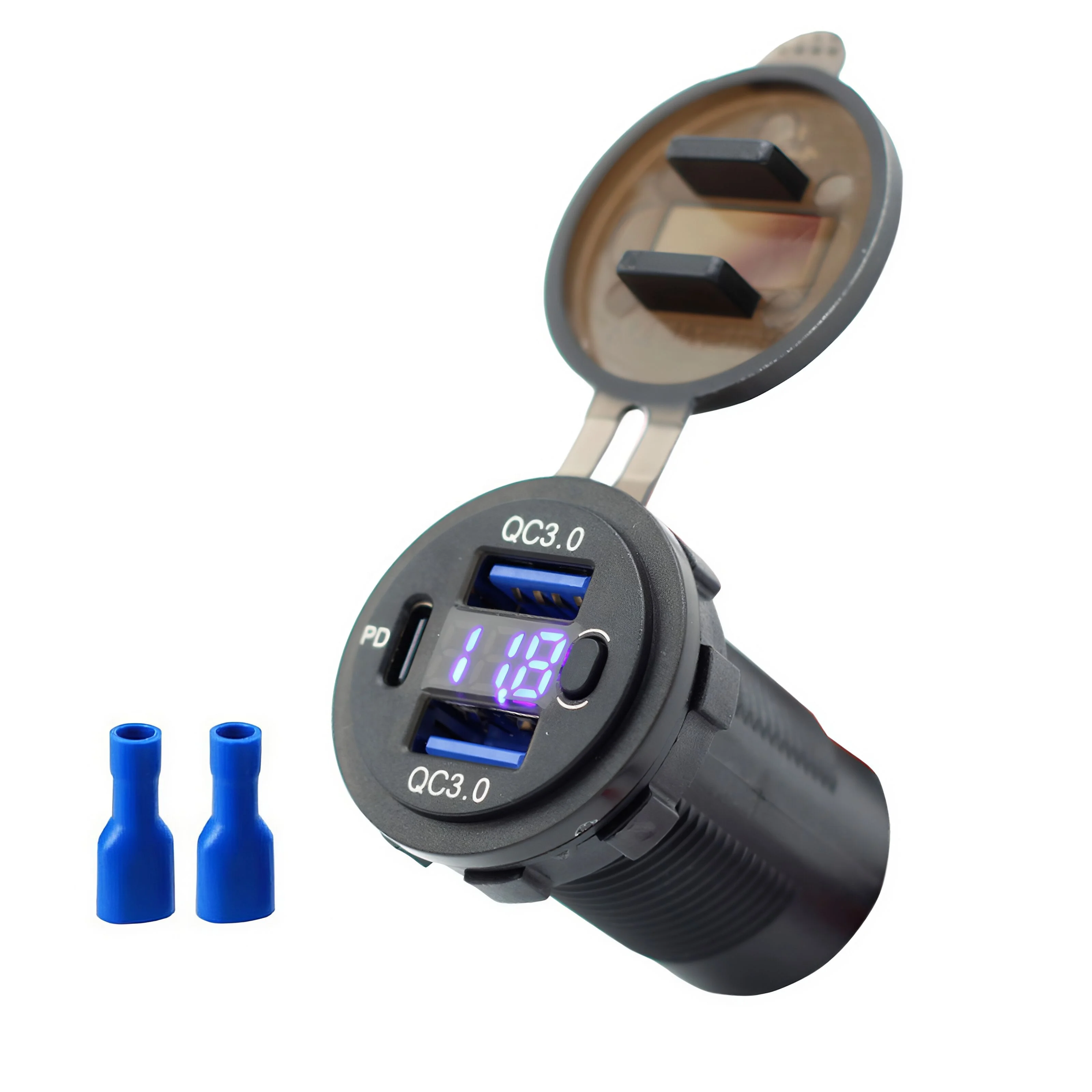 Dual USB QC 3.0 Port 20W PD Type C Car Charger Socket with Voltmeter and Power Switch for Bus RV